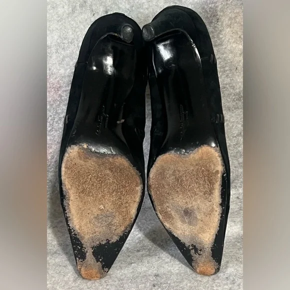 VTG*Salvatore Ferragamo Nero Suede/Leather Patchwork Pumps~7.5B~square toes - Picture 13 of 16
